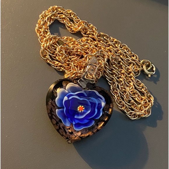 Murano Style Glass Heart Pendant Necklace - Picture 2 of 10